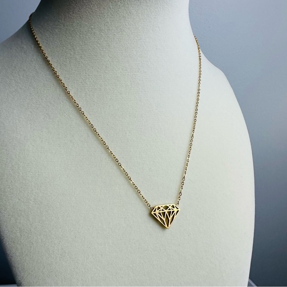 Gold Stainless Steel Diamond Shape Pendant Necklace - Non-Tarnish - Picture 4 of 6